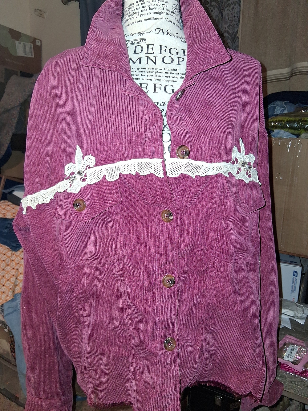 Rue21 Plum Corduroy Button-Up Jacket with White Lace Trim